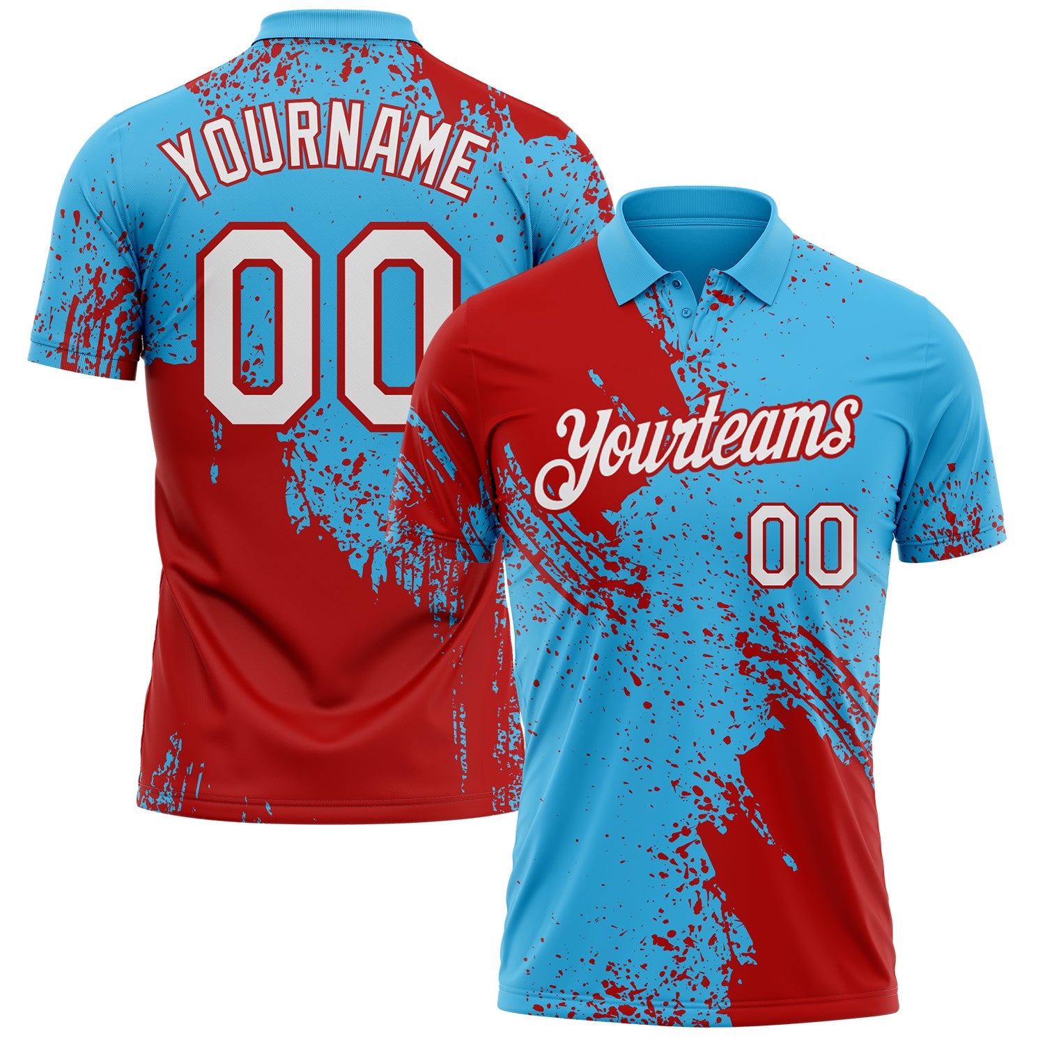 Custom Sky Blue White-Red Distressed Scratch Brush Stroke Performance Polo Shirt - Main View