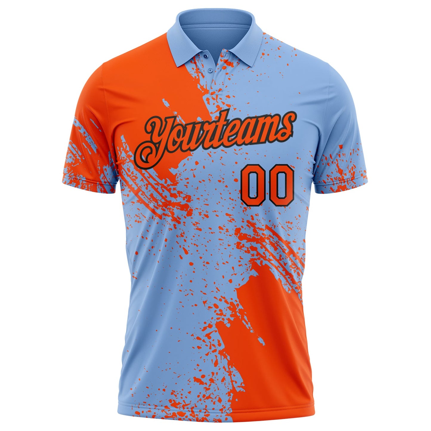 Custom Light Blue Orange-Black Distressed Scratch Brush Stroke Performance Polo Shirt view 2