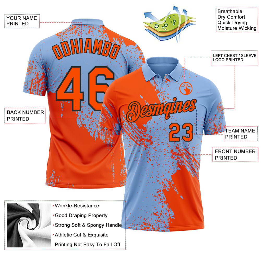 Custom Light Blue Orange-Black Distressed Scratch Brush Stroke Performance Polo Shirt view 3