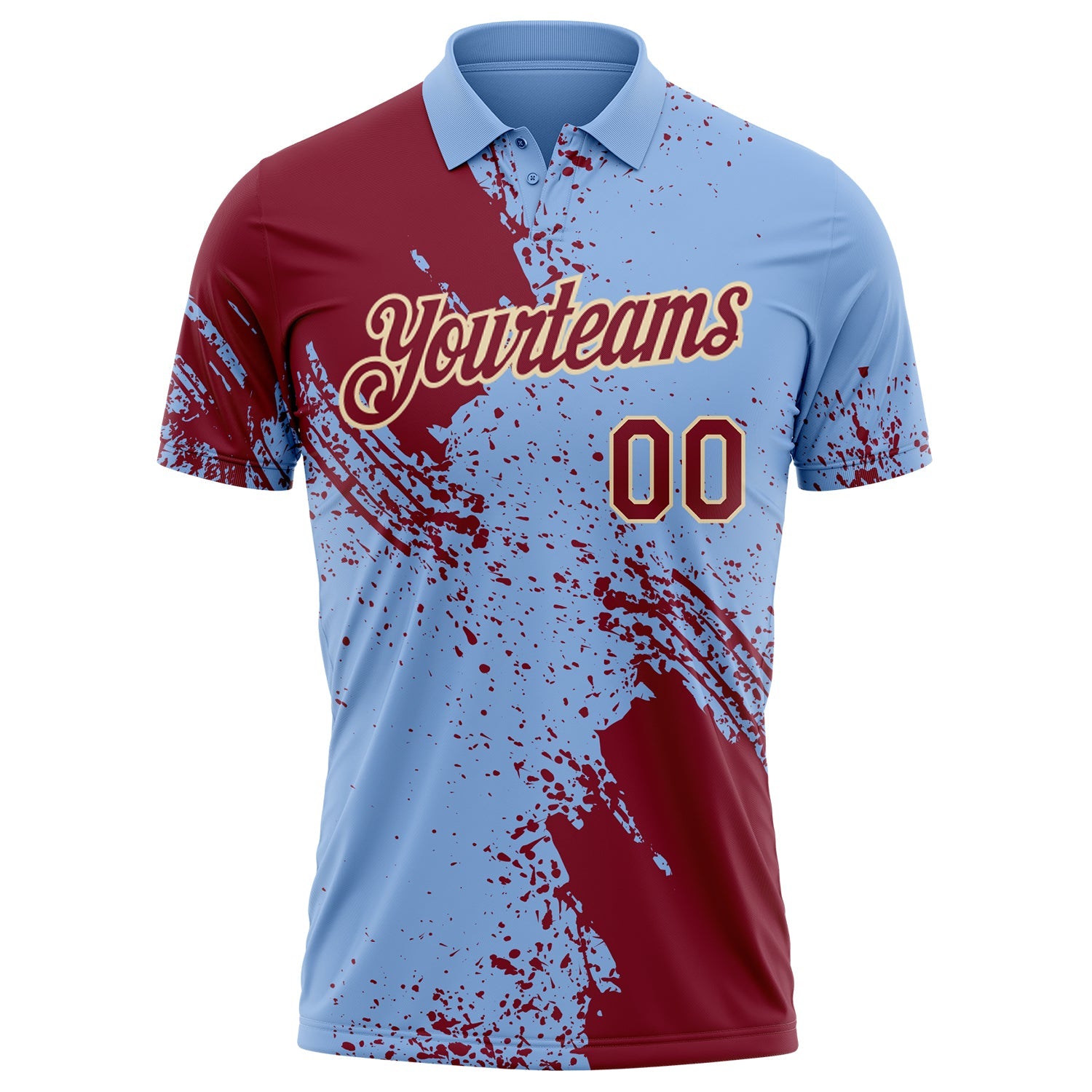 Custom Light Blue Crimson-Cream Distressed Scratch Brush Stroke Performance Polo Shirt view 2