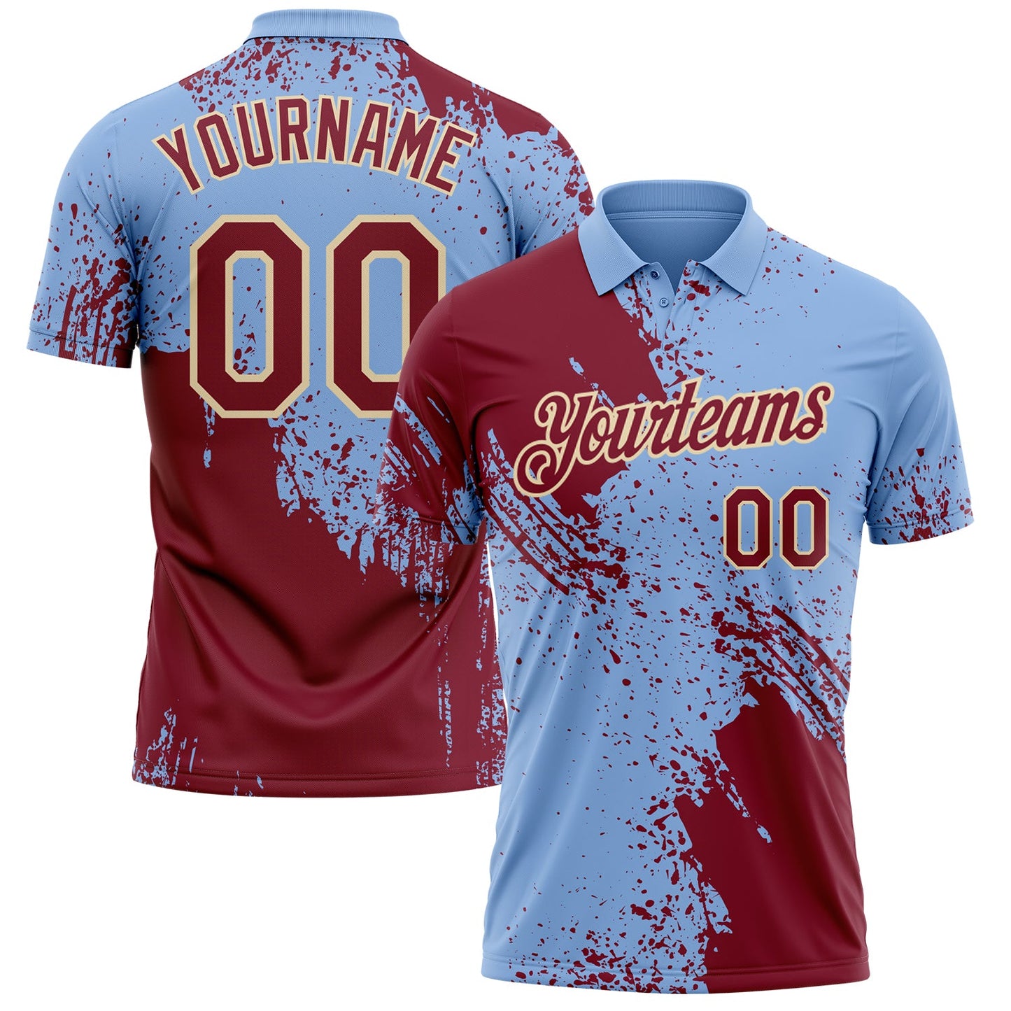 Custom Light Blue Crimson-Cream Distressed Scratch Brush Stroke Performance Polo Shirt - Main View
