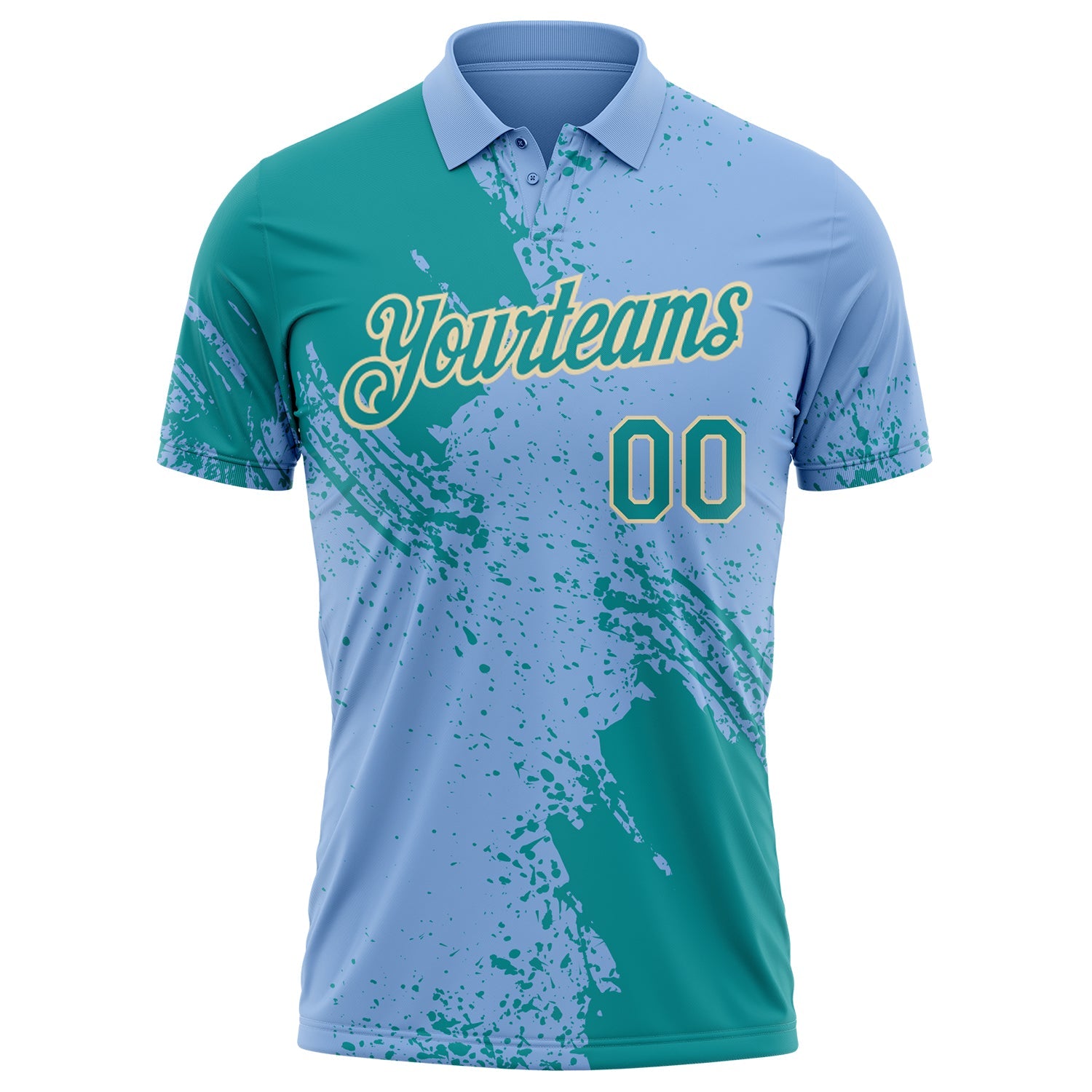 Custom Light Blue Teal-Cream Distressed Scratch Brush Stroke Performance Polo Shirt view 2