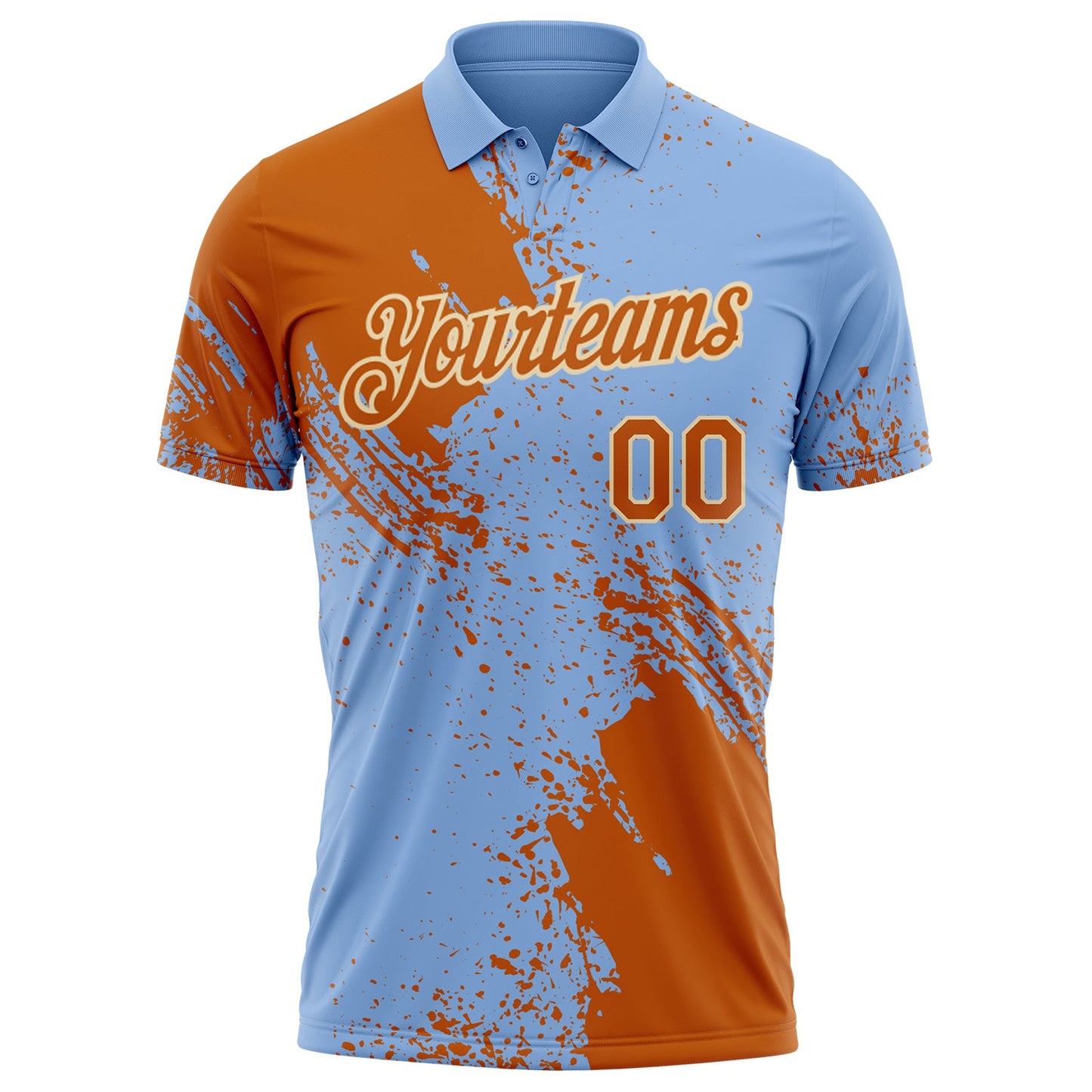 Custom Light Blue Texas Orange-Cream Distressed Scratch Brush Stroke Performance Polo Shirt view 2