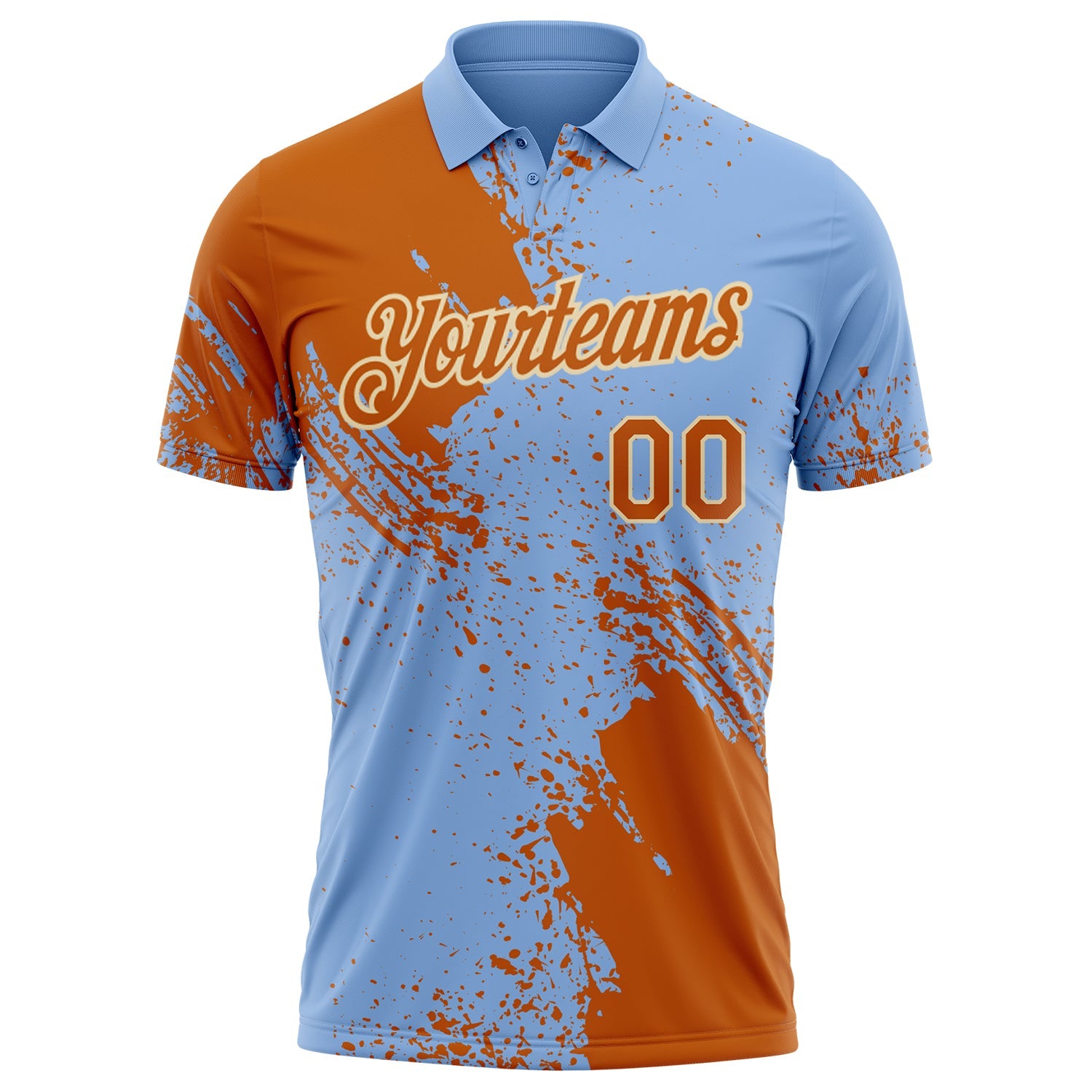 Custom Light Blue Texas Orange-Cream Distressed Scratch Brush Stroke Performance Polo Shirt view 2