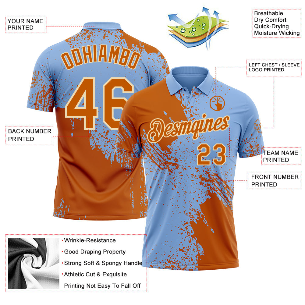 Custom Light Blue Texas Orange-Cream Distressed Scratch Brush Stroke Performance Polo Shirt view 3