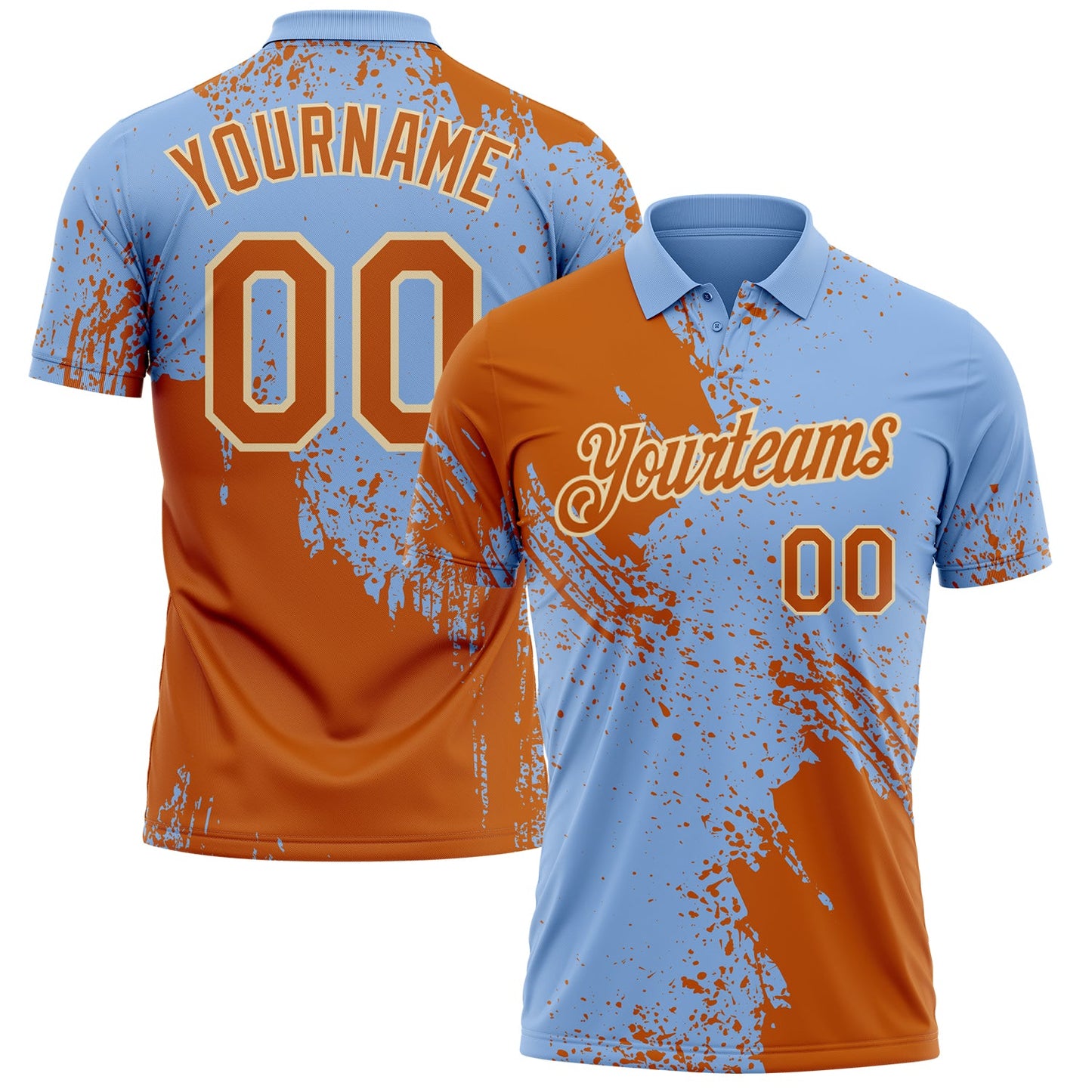 Custom Light Blue Texas Orange-Cream Distressed Scratch Brush Stroke Performance Polo Shirt - Main View