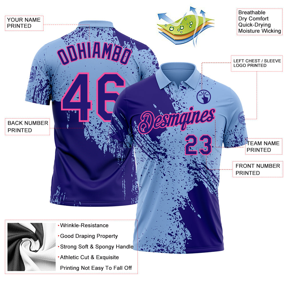 Custom Light Blue Dark Purple-Pink Distressed Scratch Brush Stroke Performance Polo Shirt view 3