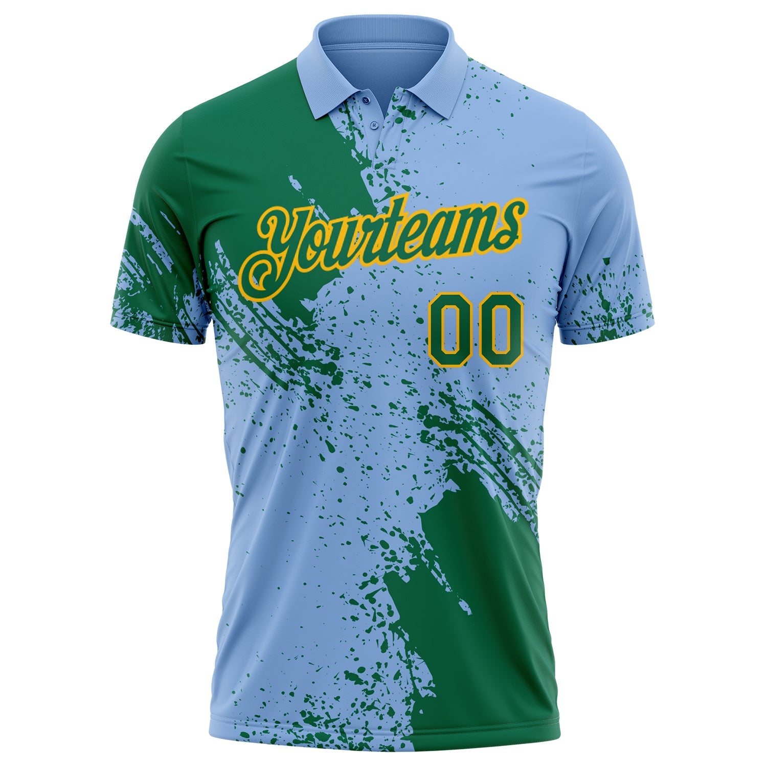 Custom Light Blue Kelly Green-Gold Distressed Scratch Brush Stroke Performance Polo Shirt view 2