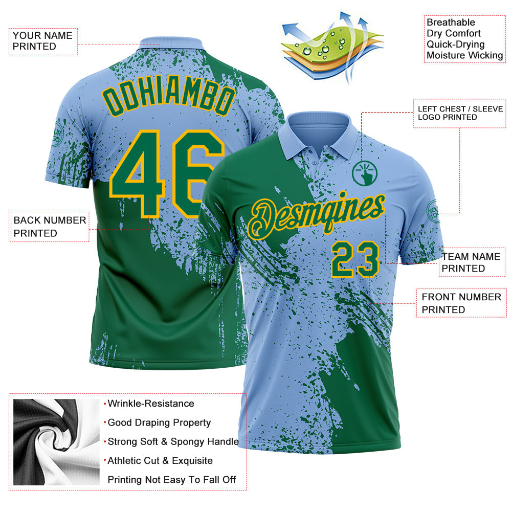 Custom Light Blue Kelly Green-Gold Distressed Scratch Brush Stroke Performance Polo Shirt view 3
