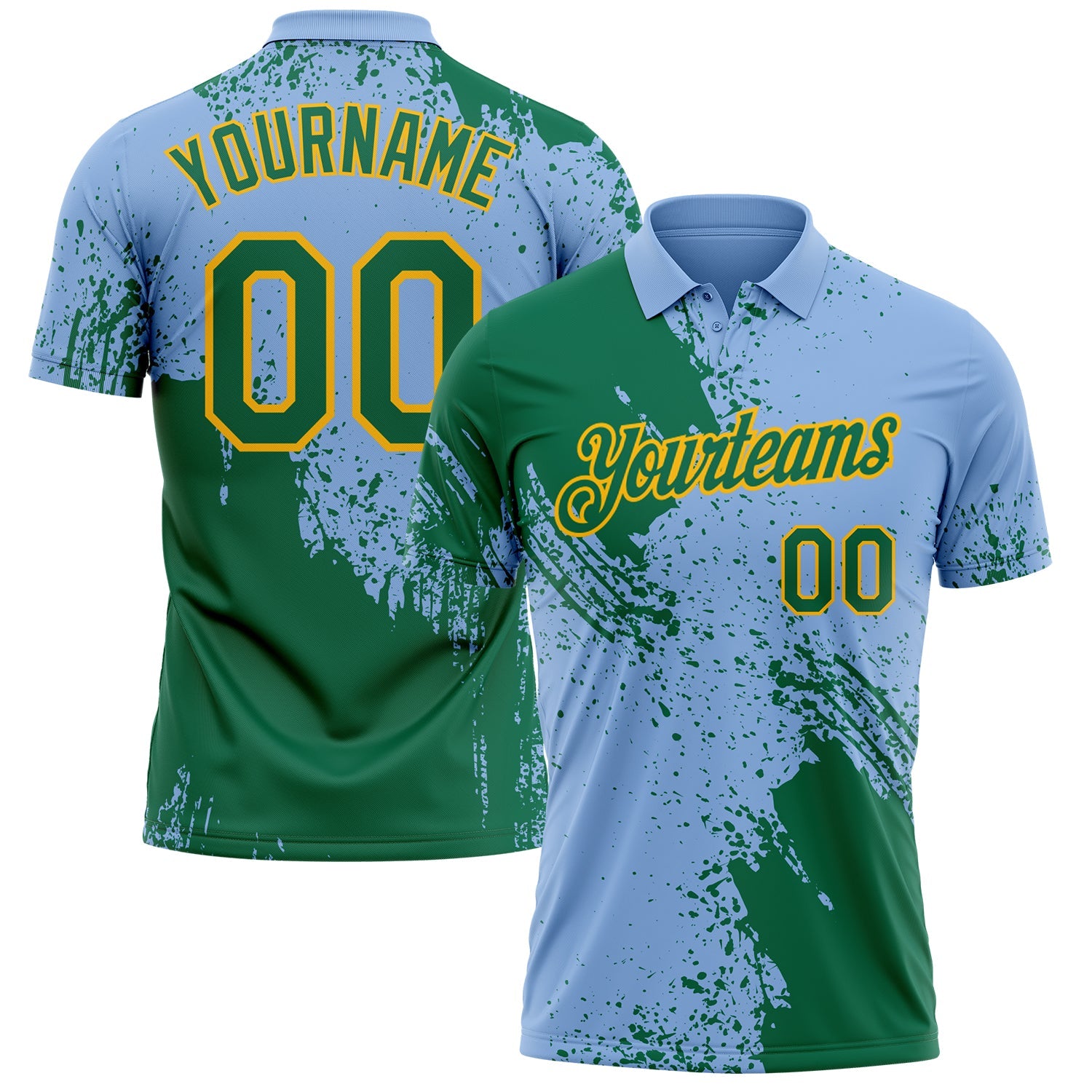 Custom Light Blue Kelly Green-Gold Distressed Scratch Brush Stroke Performance Polo Shirt - Main View