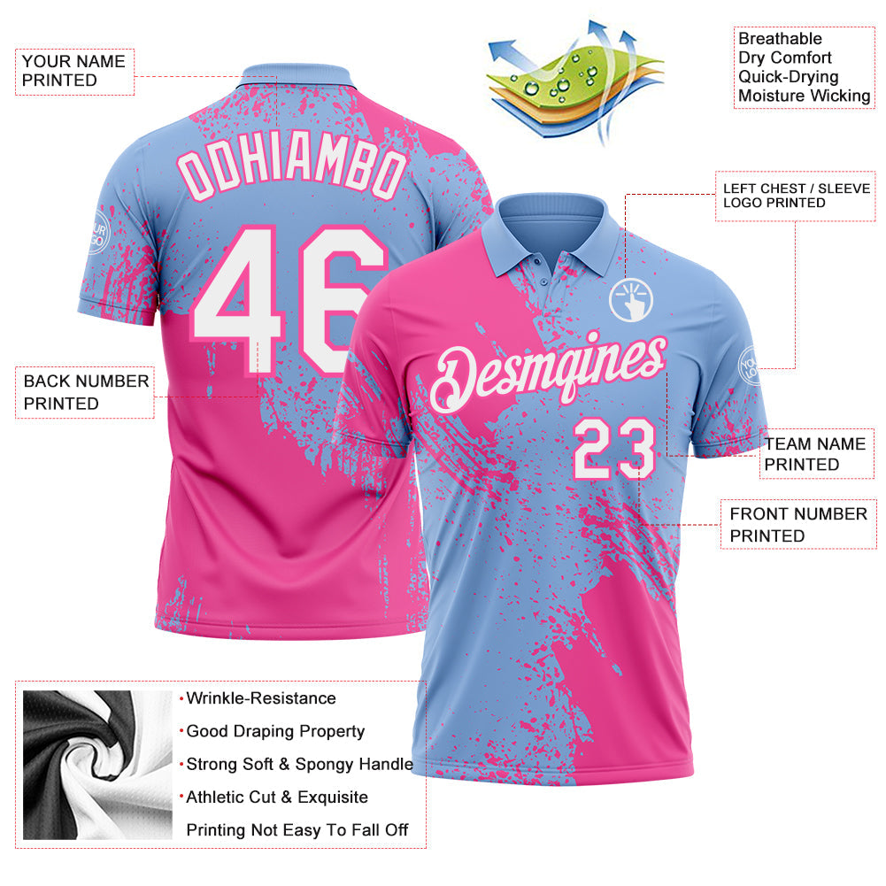 Custom Light Blue White-Pink Distressed Scratch Brush Stroke Performance Polo Shirt view 3