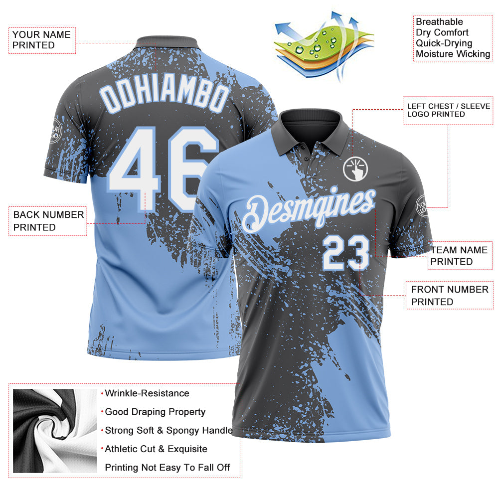Custom Steel Gray White-Light Blue Distressed Scratch Brush Stroke Performance Polo Shirt view 3