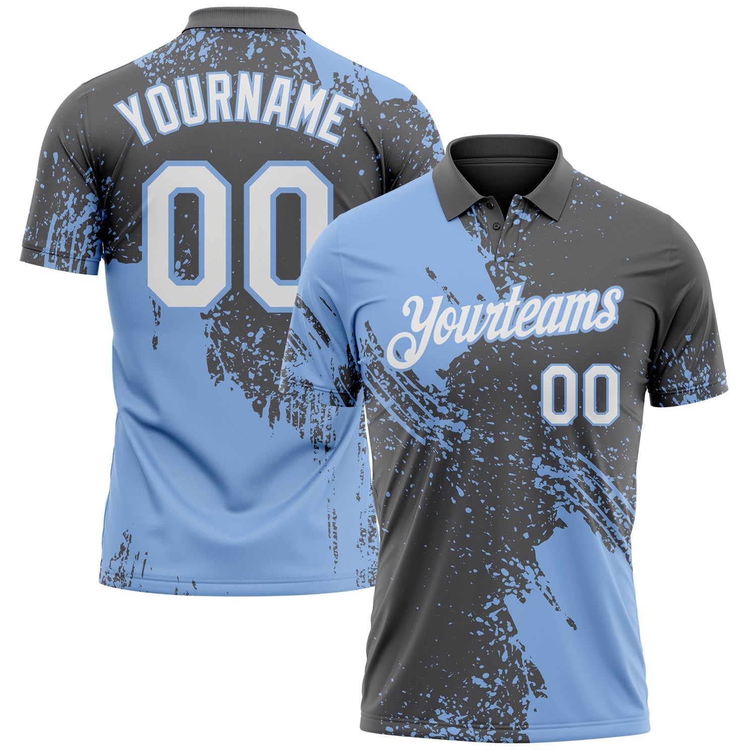 Custom Steel Gray White-Light Blue Distressed Scratch Brush Stroke Performance Polo Shirt - Main View