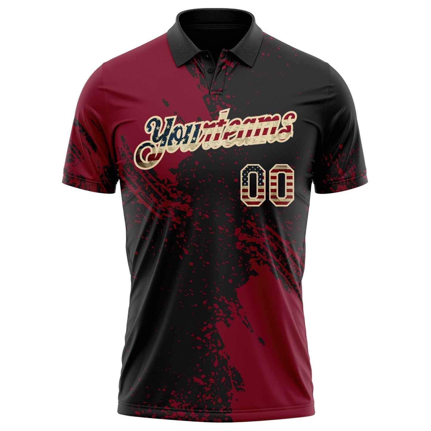 Custom Black Vintage USA Flag Crimson-Cream Distressed Scratch Brush Stroke Performance Polo Shirt view 2