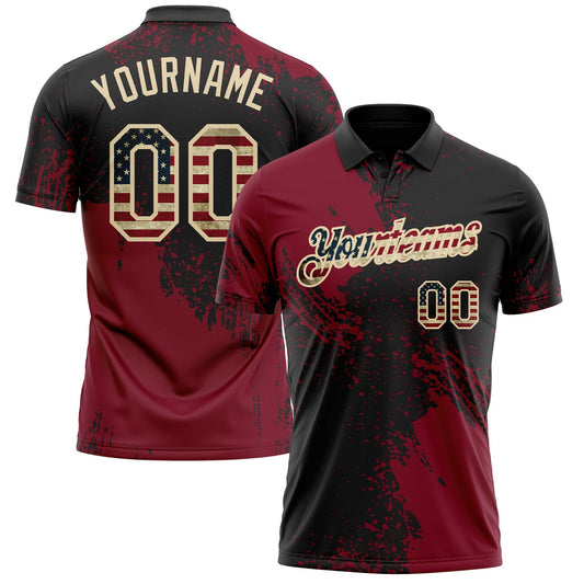 Custom Black Vintage USA Flag Crimson-Cream Distressed Scratch Brush Stroke Performance Polo Shirt - Main View