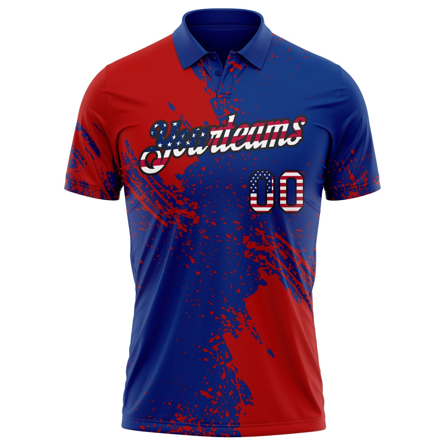 Custom Royal USA Flag Red-Black Distressed Scratch Brush Stroke Performance Polo Shirt view 2