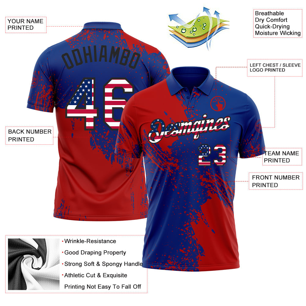 Custom Royal USA Flag Red-Black Distressed Scratch Brush Stroke Performance Polo Shirt view 3