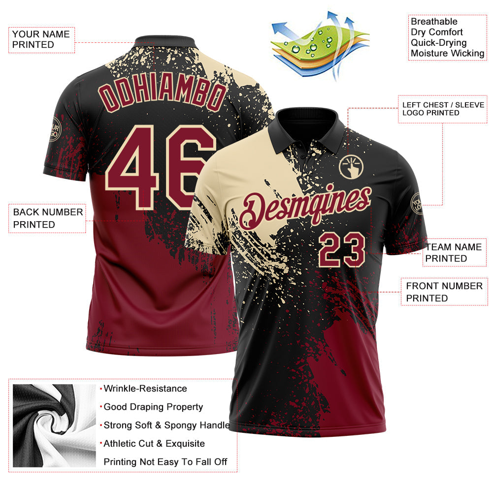 Custom Black Crimson-Cream Distressed Scratch Brush Stroke Performance Polo Shirt view 3