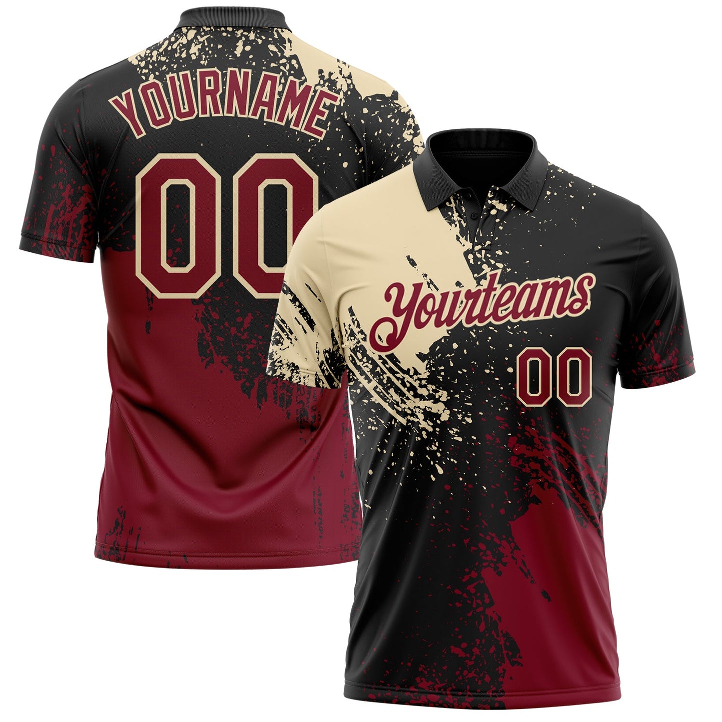 Custom Black Crimson-Cream Distressed Scratch Brush Stroke Performance Polo Shirt - Main View