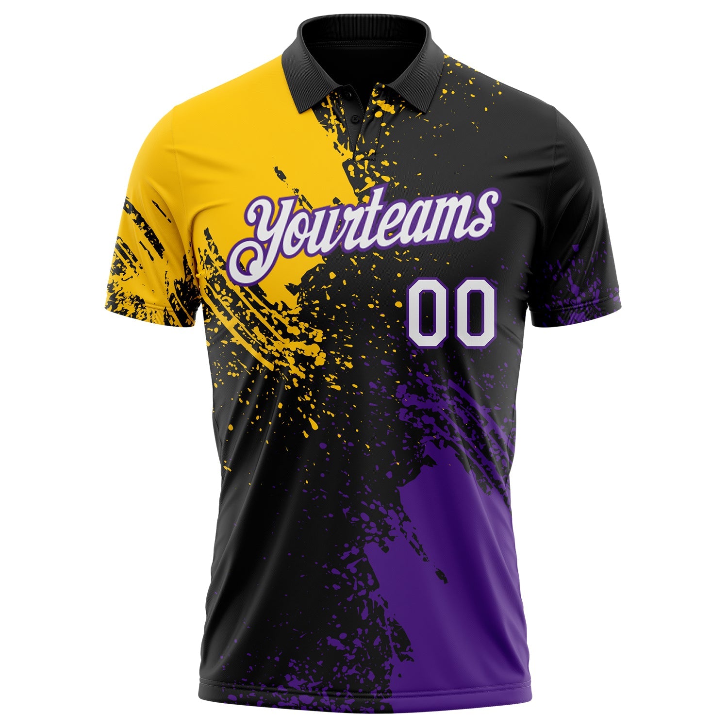 Custom Black White Yellow-Purple Distressed Scratch Brush Stroke Performance Polo Shirt view 2