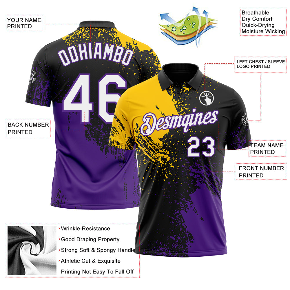 Custom Black White Yellow-Purple Distressed Scratch Brush Stroke Performance Polo Shirt view 3