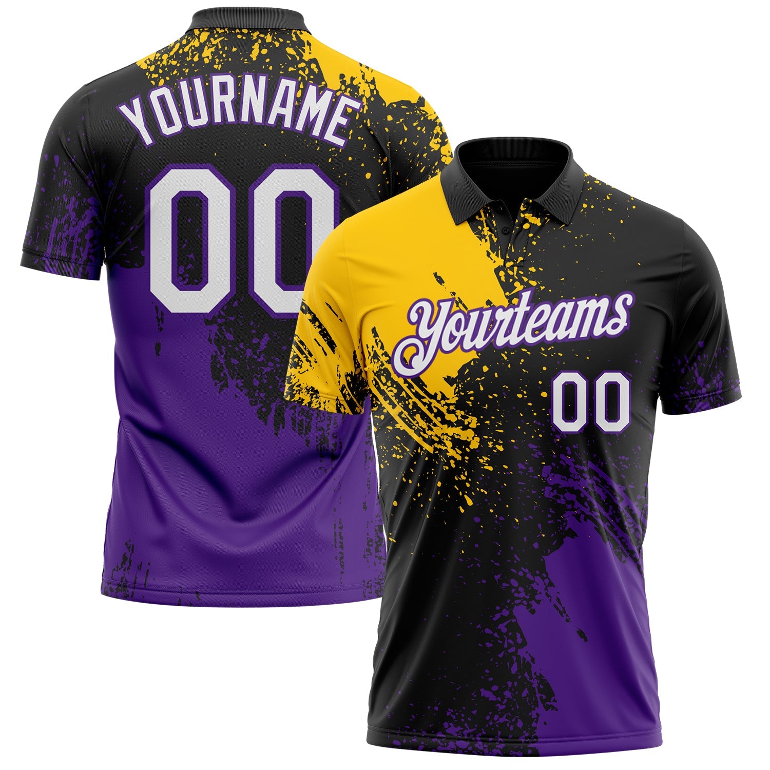 Custom Black White Yellow-Purple Distressed Scratch Brush Stroke Performance Polo Shirt - Main View