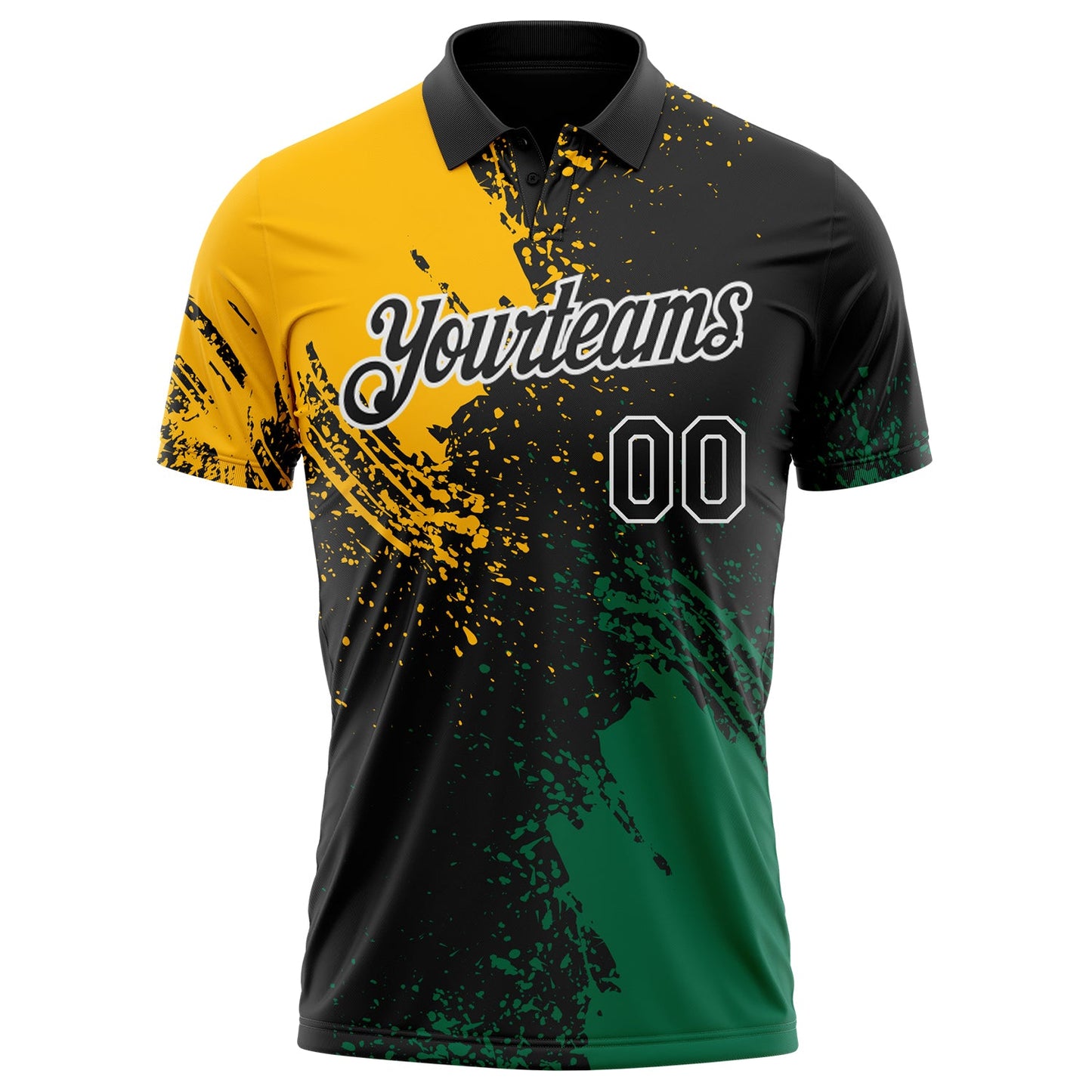 Custom Black Gold Kelly Green-White Distressed Scratch Brush Stroke Performance Polo Shirt view 2