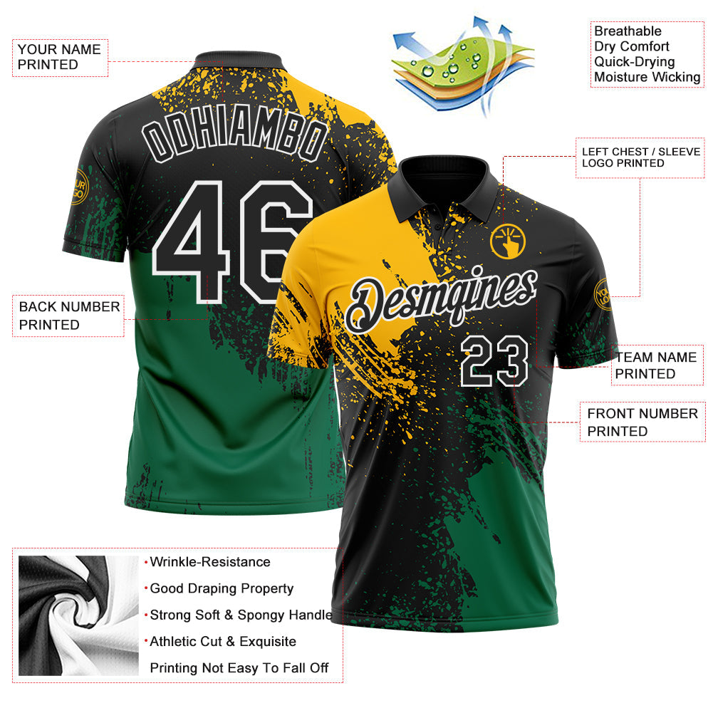 Custom Black Gold Kelly Green-White Distressed Scratch Brush Stroke Performance Polo Shirt view 3