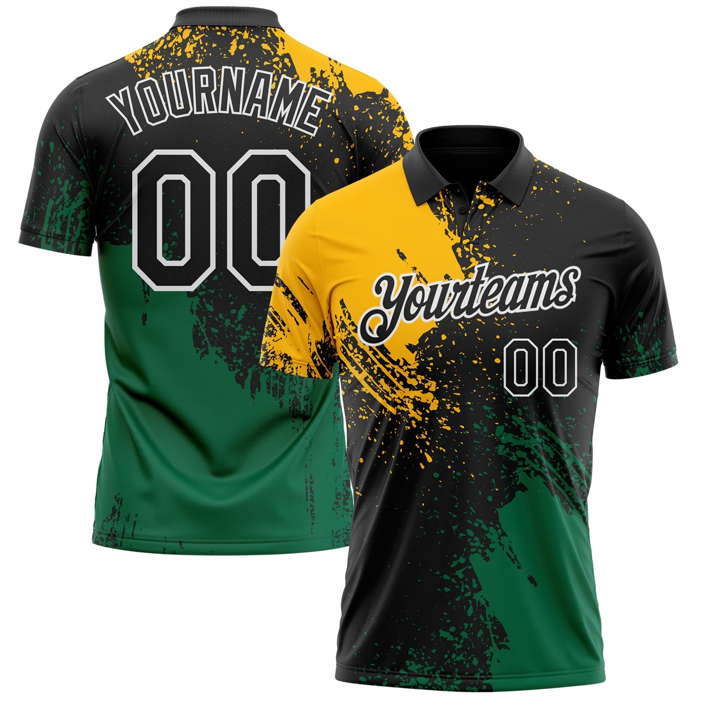 Custom Black Gold Kelly Green-White Distressed Scratch Brush Stroke Performance Polo Shirt - Main View