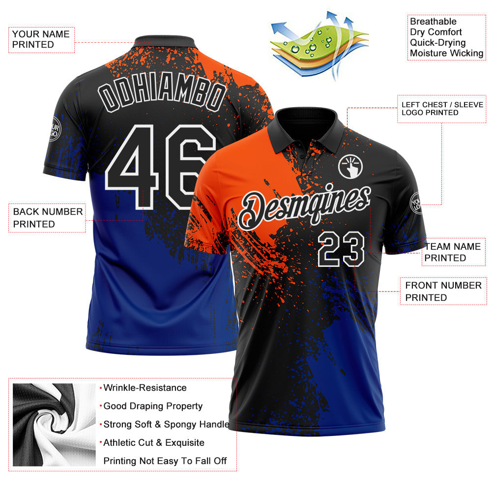 Custom Black Orange Royal-White Distressed Scratch Brush Stroke Performance Polo Shirt view 3