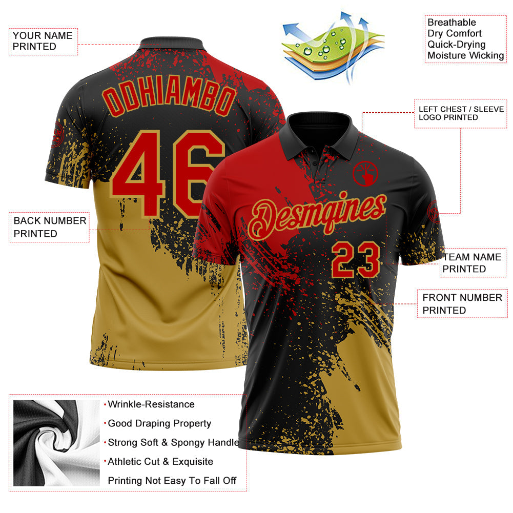 Custom Black Red-Old Gold Distressed Scratch Brush Stroke Performance Polo Shirt view 3