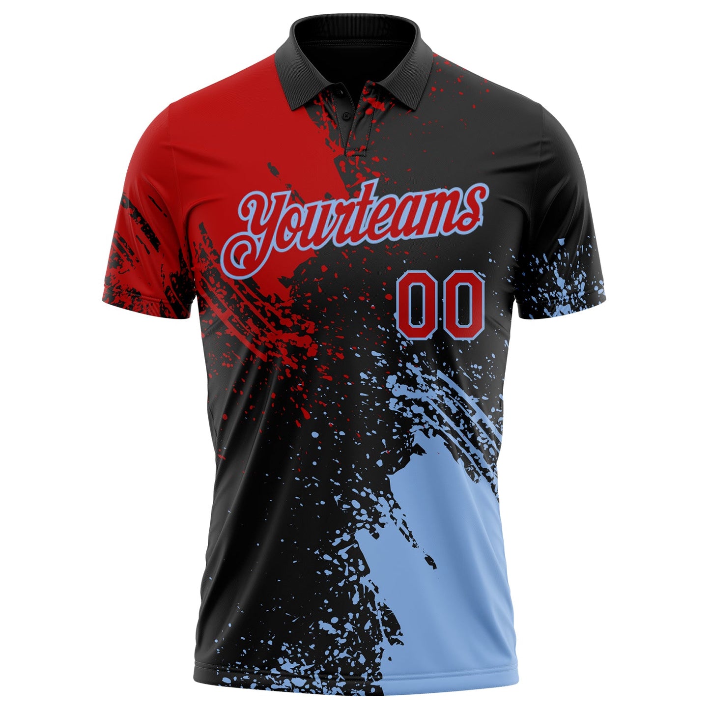Custom Black Red-Light Blue Distressed Scratch Brush Stroke Performance Polo Shirt view 2