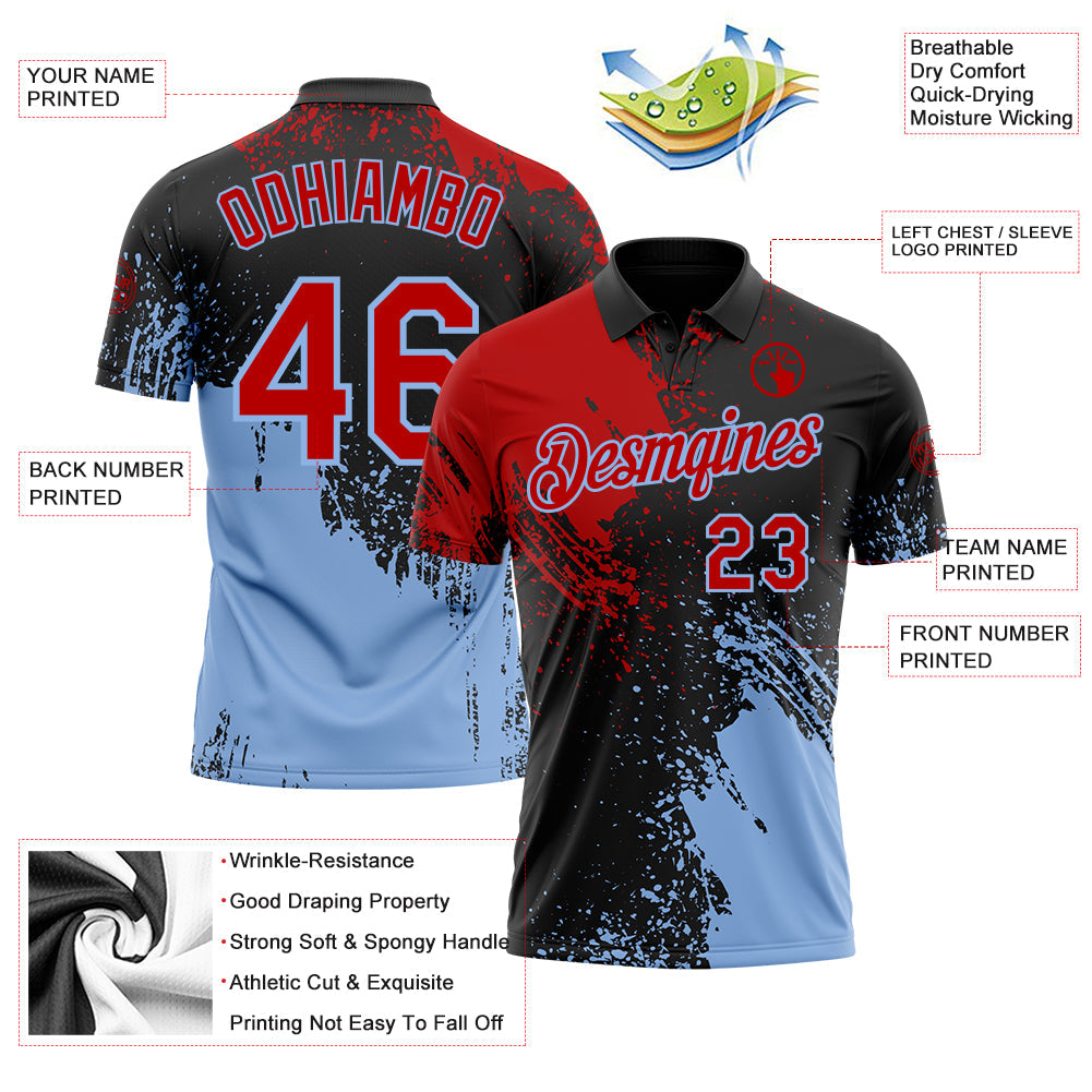 Custom Black Red-Light Blue Distressed Scratch Brush Stroke Performance Polo Shirt view 3