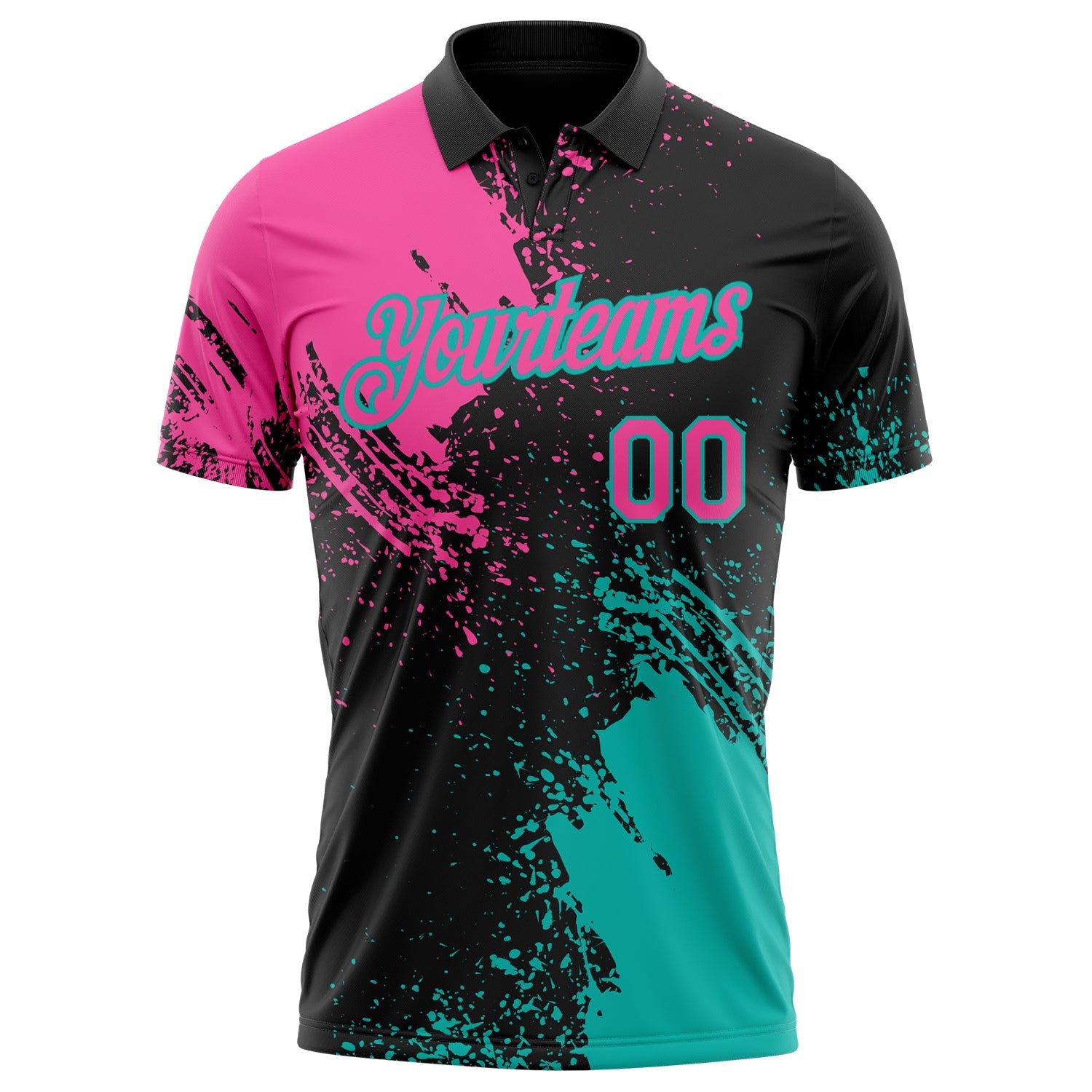 Custom Black Pink-Aqua Distressed Scratch Brush Stroke Performance Polo Shirt view 2