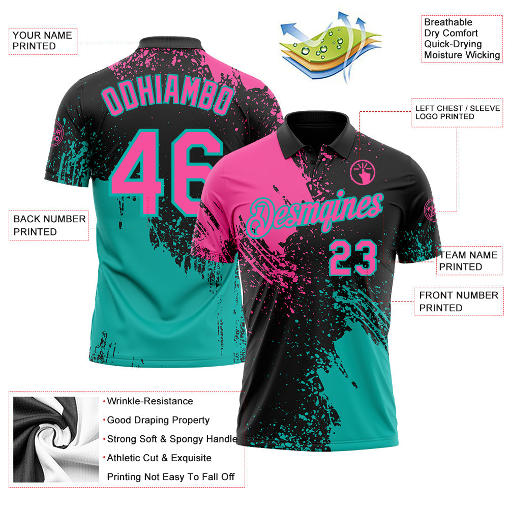 Custom Black Pink-Aqua Distressed Scratch Brush Stroke Performance Polo Shirt view 3