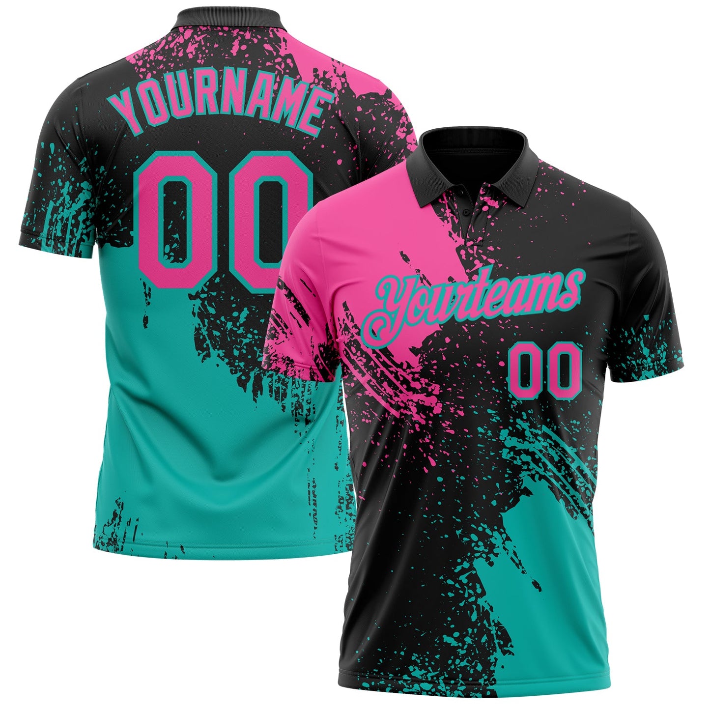 Custom Black Pink-Aqua Distressed Scratch Brush Stroke Performance Polo Shirt - Main View