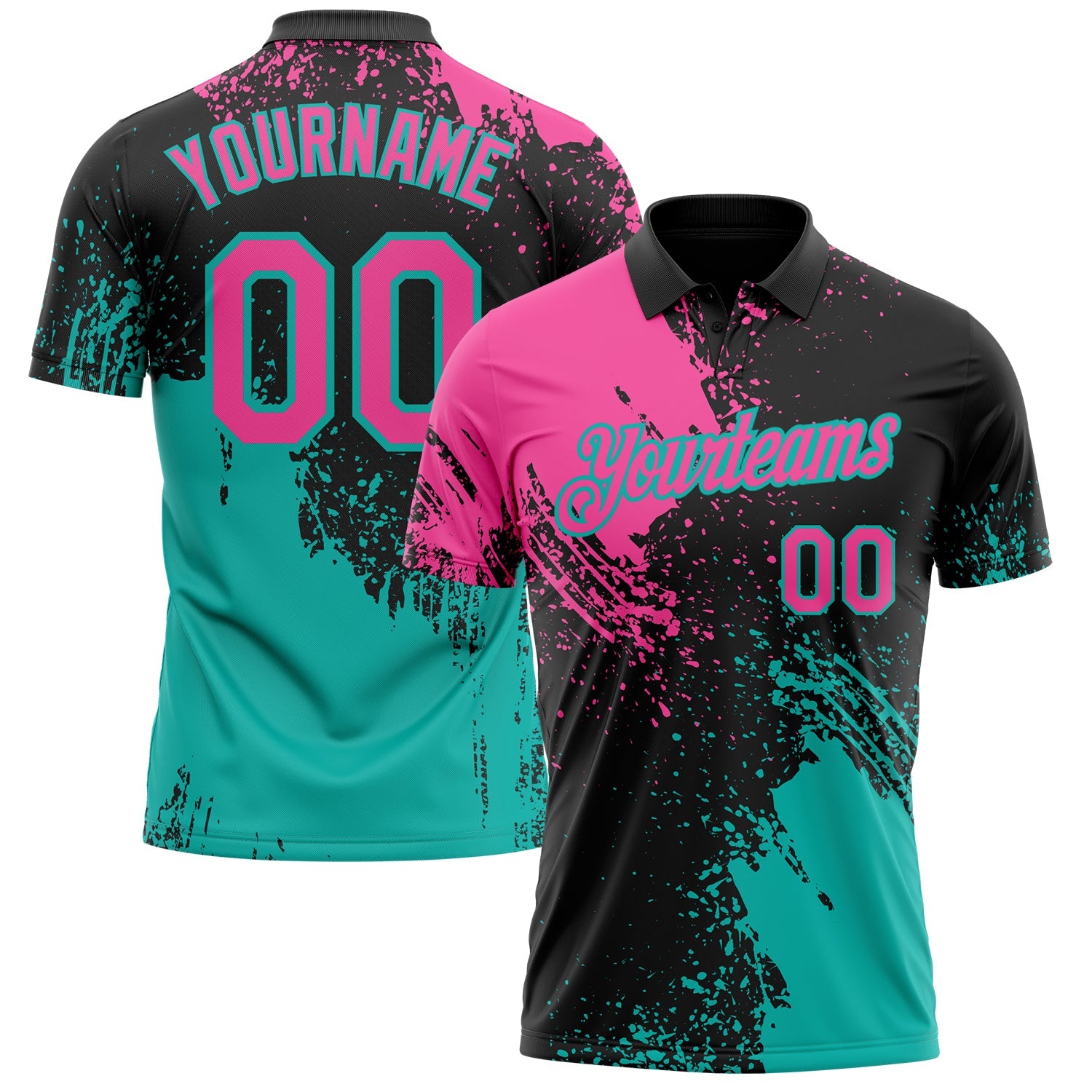 Custom Black Pink-Aqua Distressed Scratch Brush Stroke Performance Polo Shirt - Main View