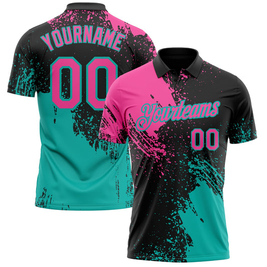 Custom Black Pink-Aqua Distressed Scratch Brush Stroke Performance Polo Shirt - Main View