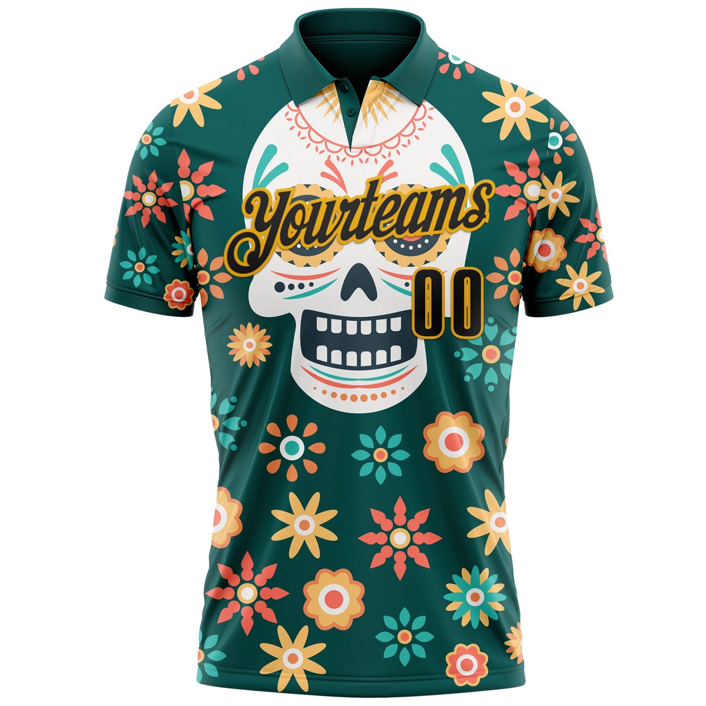 Custom Midnight Green Black-Gold Day of the Dead Mexican Sugar Skull Performance Polo Shirt view 2