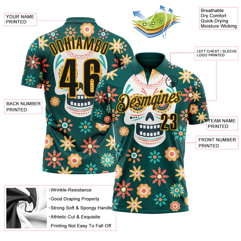 Custom Midnight Green Black-Gold Day of the Dead Mexican Sugar Skull Performance Polo Shirt view 3