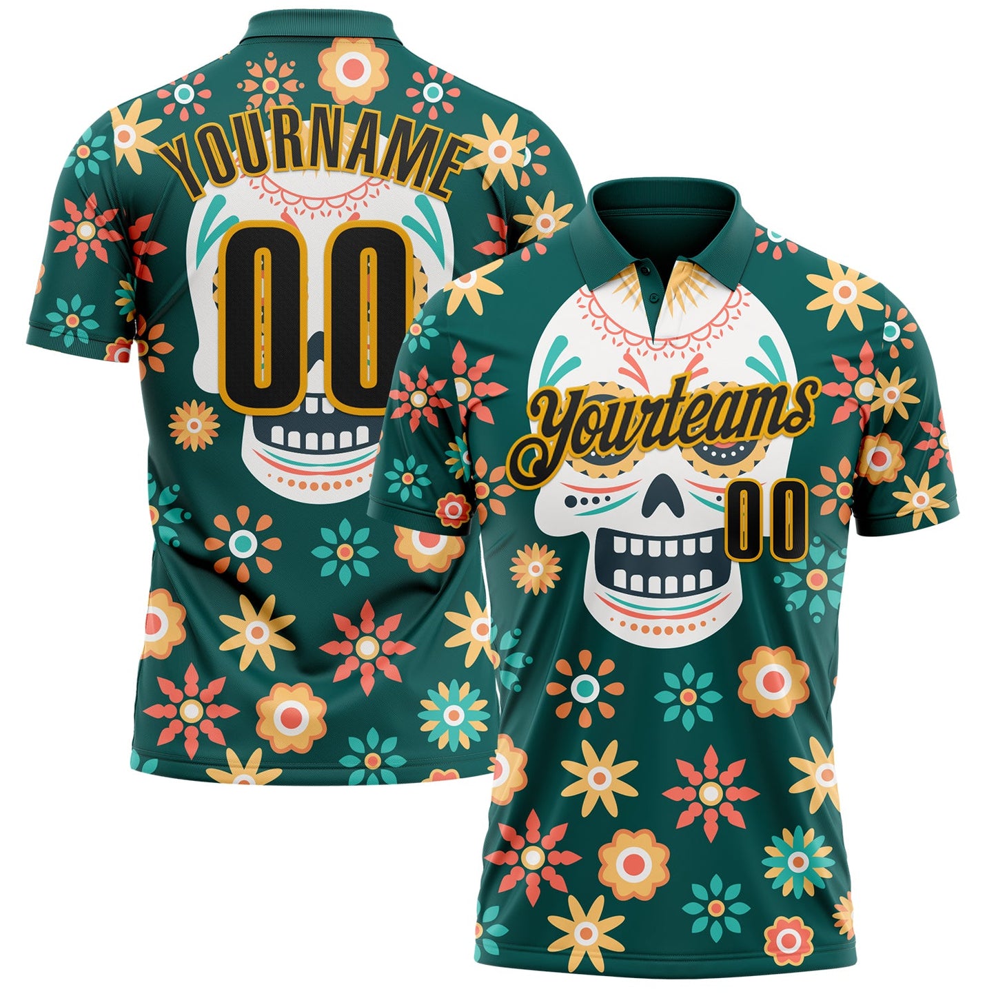 Custom Midnight Green Black-Gold Day of the Dead Mexican Sugar Skull Performance Polo Shirt - Main View