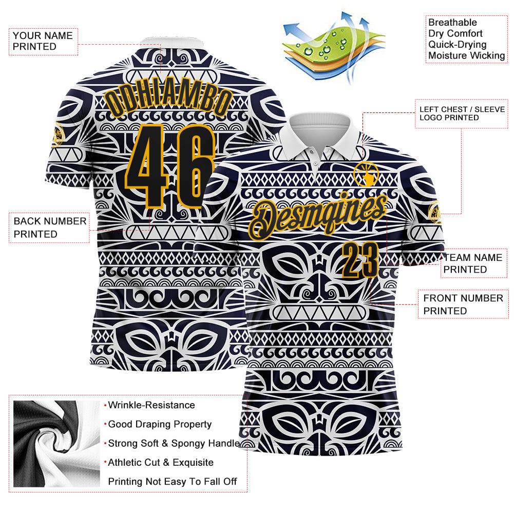 Custom White Black-Gold Mexican Aztec Mayan Tribal Performance Polo Shirt view 3