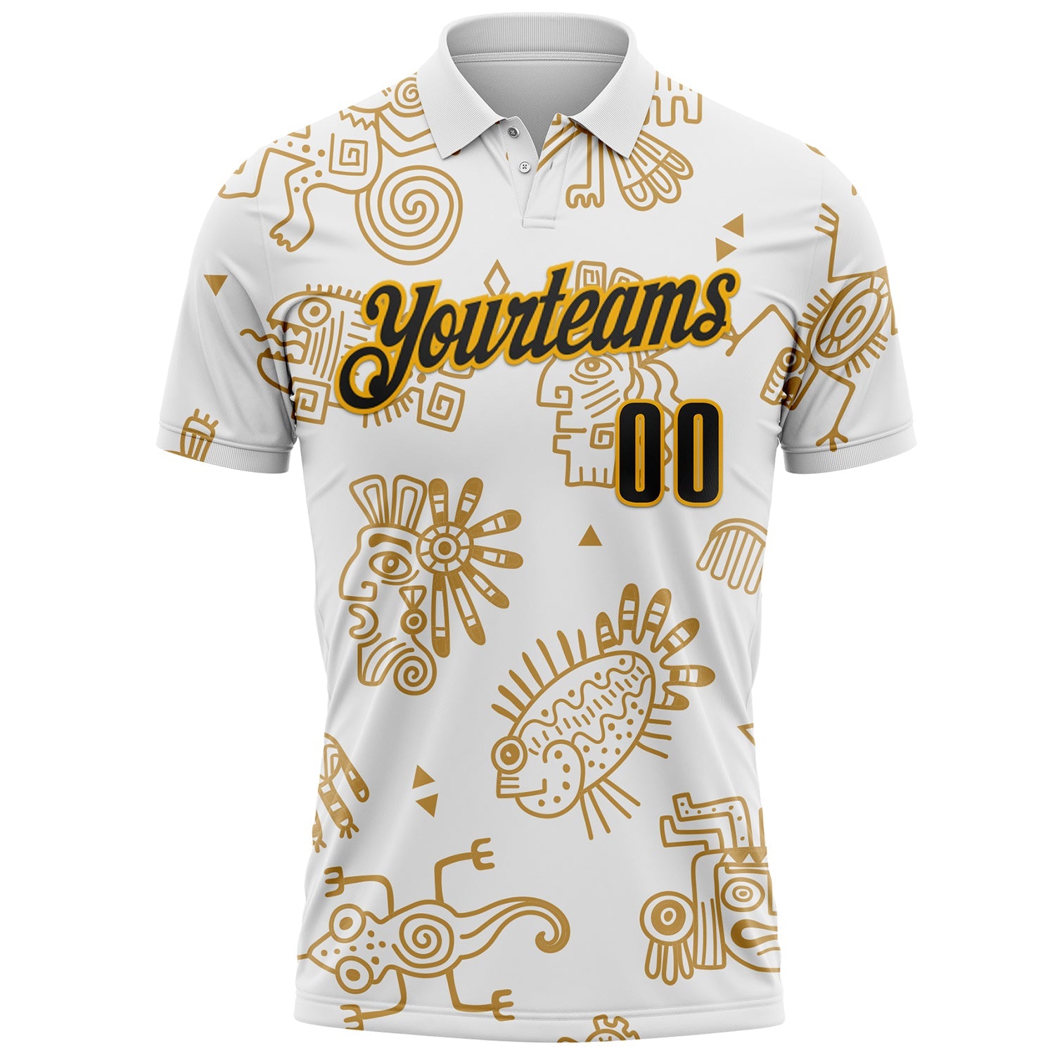 Custom White Black-Gold Mexican Aztec Mayan Tribal Performance Polo Shirt view 2