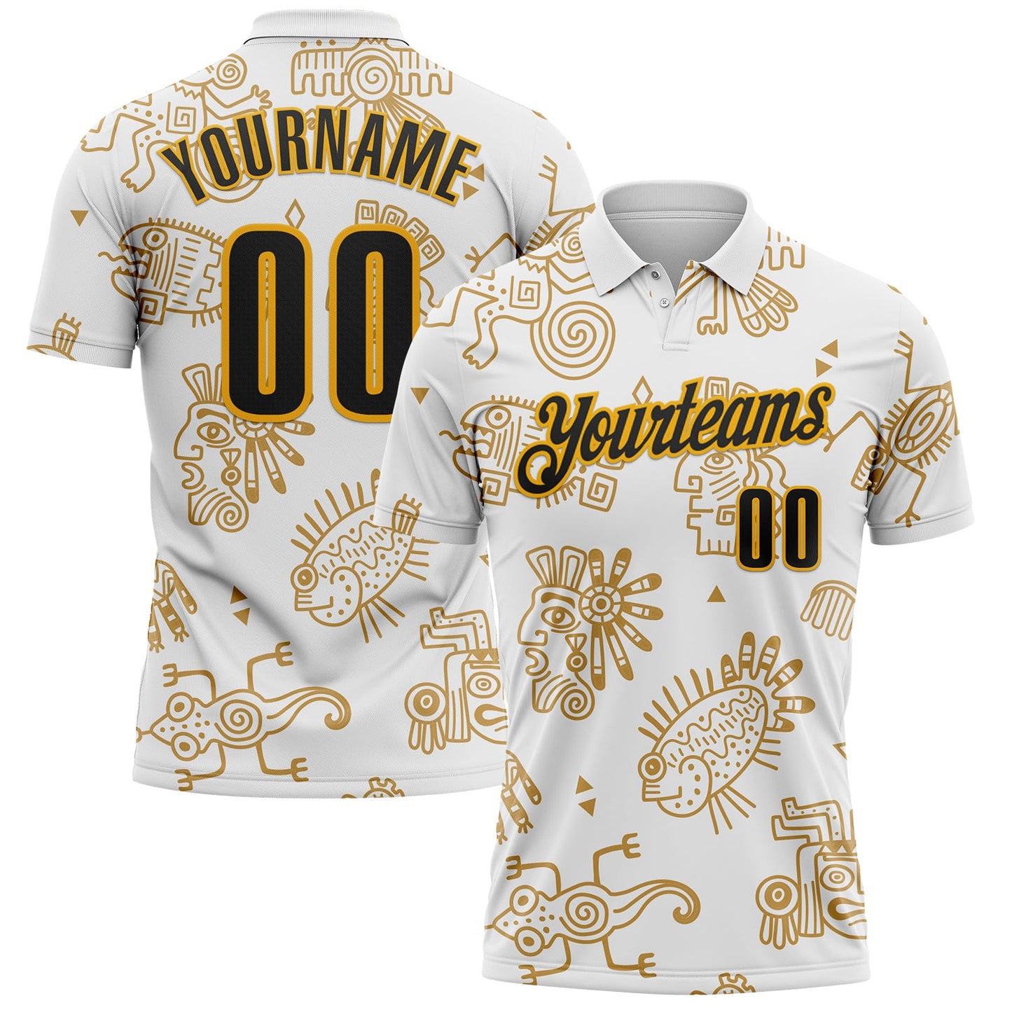 Custom White Black-Gold Mexican Aztec Mayan Tribal Performance Polo Shirt - Main View