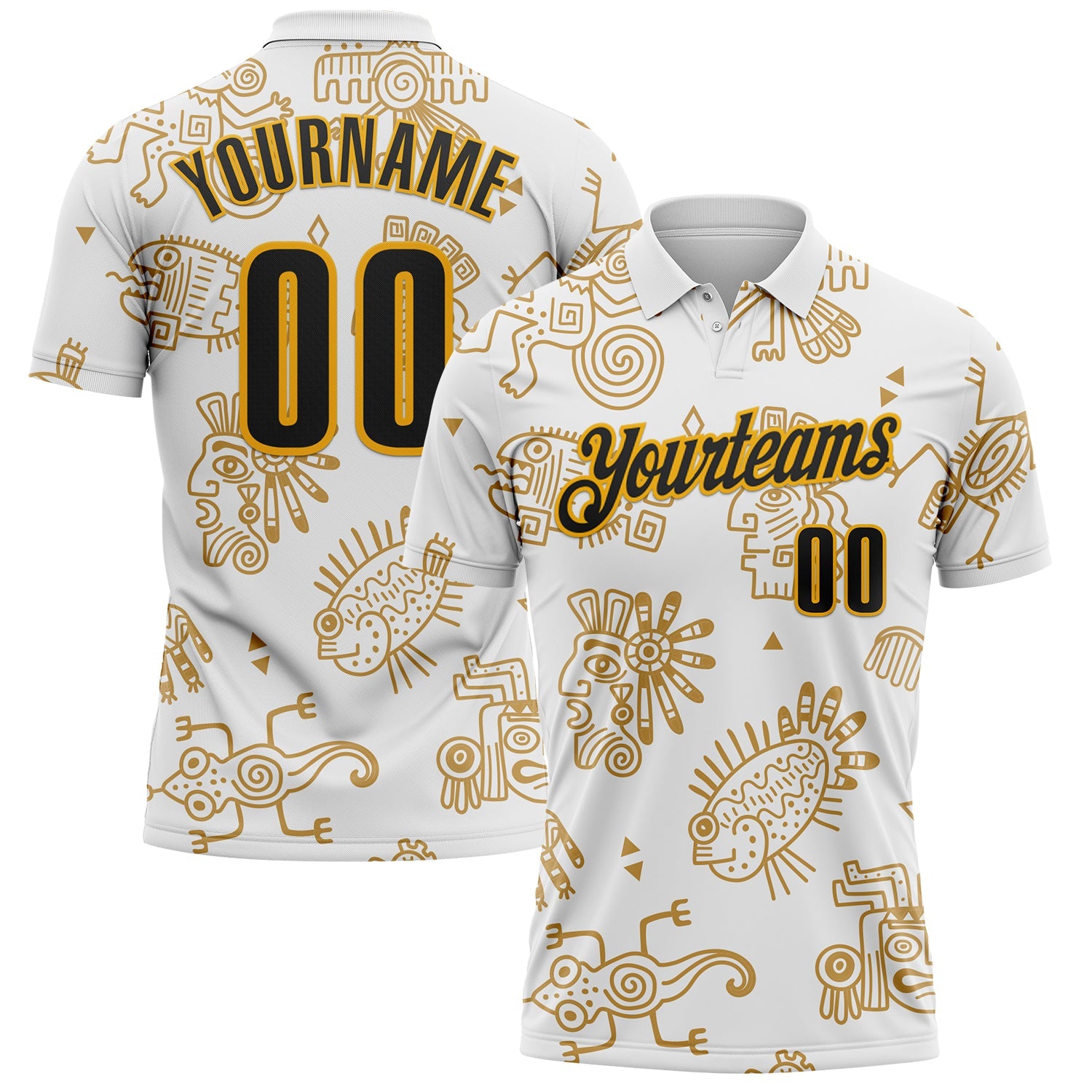 Custom White Black-Gold Mexican Aztec Mayan Tribal Performance Polo Shirt - Main View