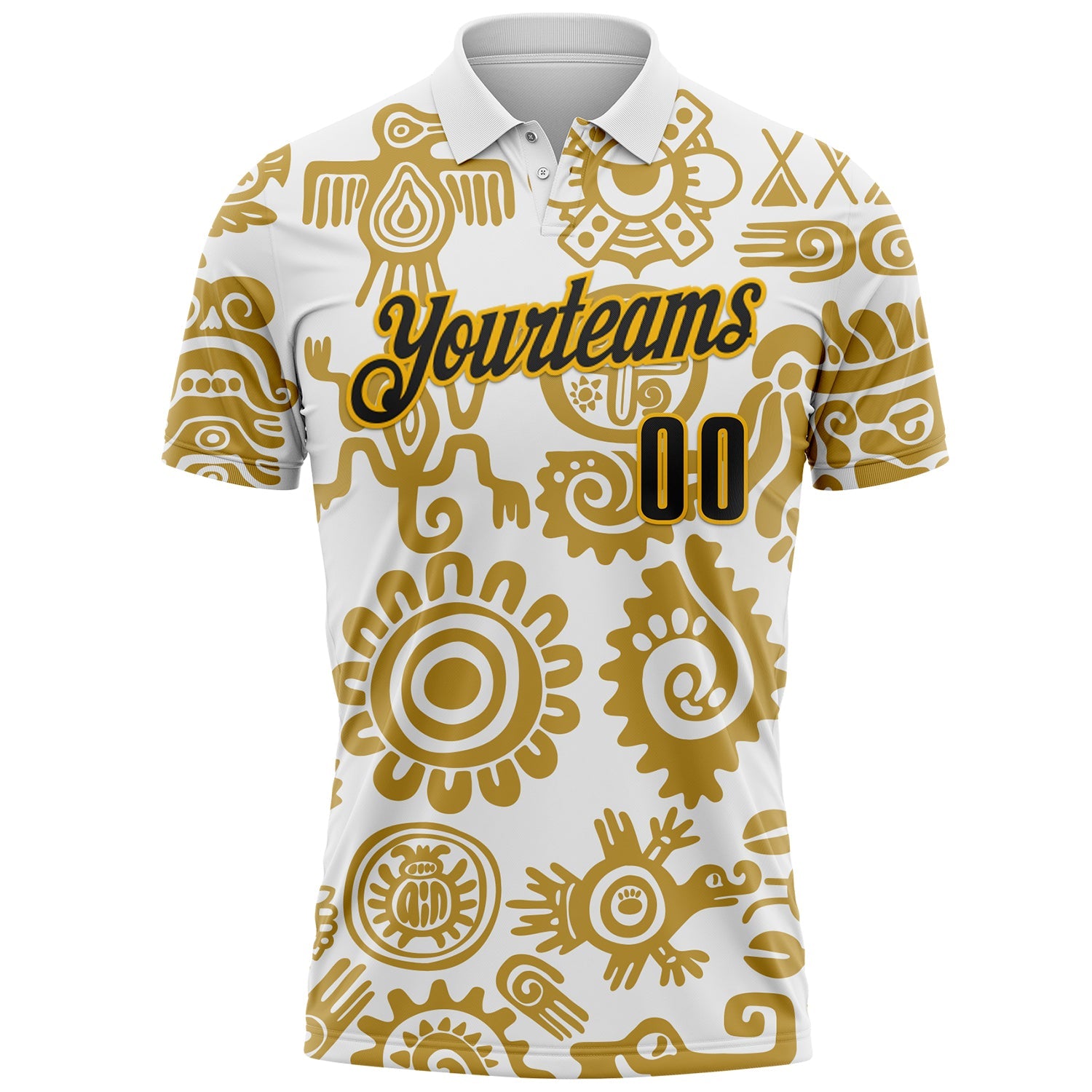 Custom White Black-Gold Mexican Aztec Mayan Tribal Performance Polo Shirt view 2