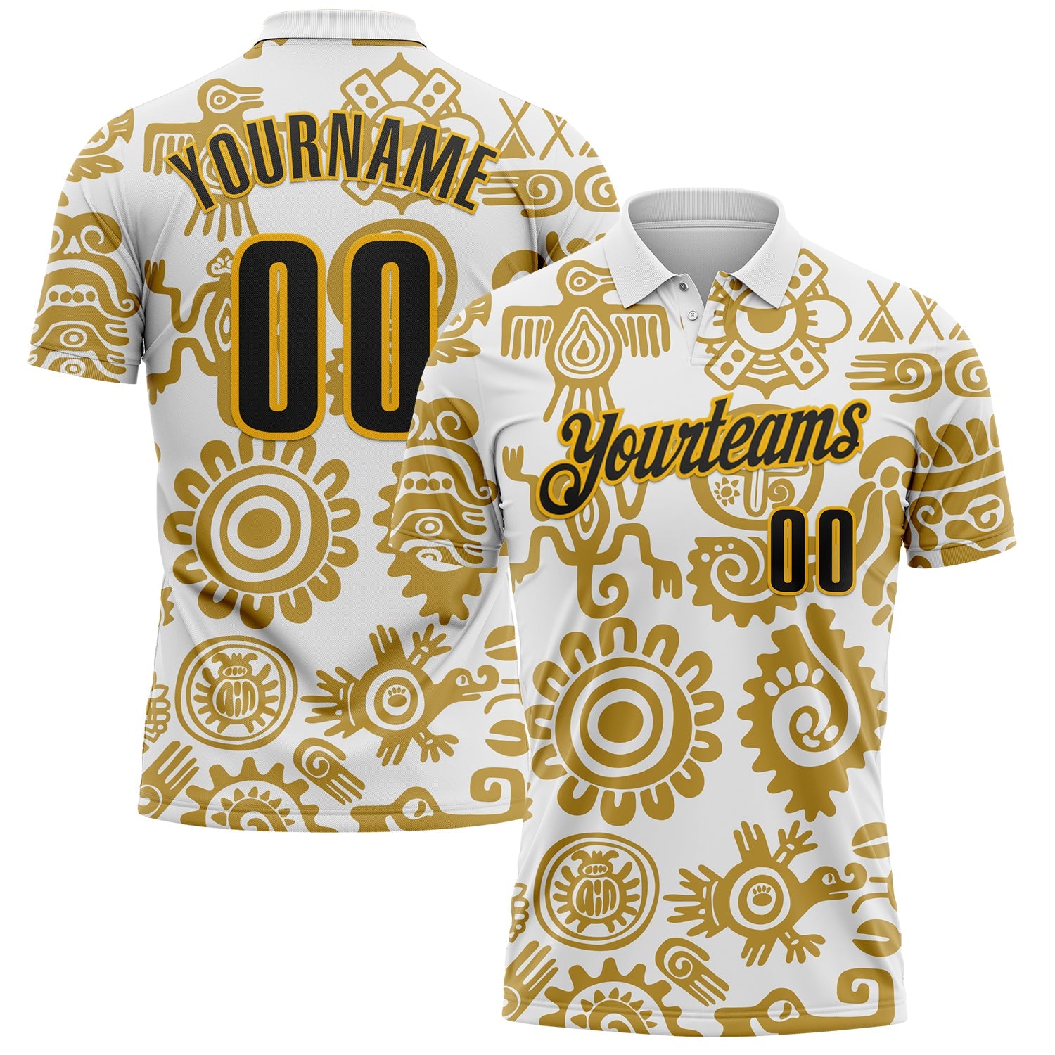 Custom White Black-Gold Mexican Aztec Mayan Tribal Performance Polo Shirt - Main View
