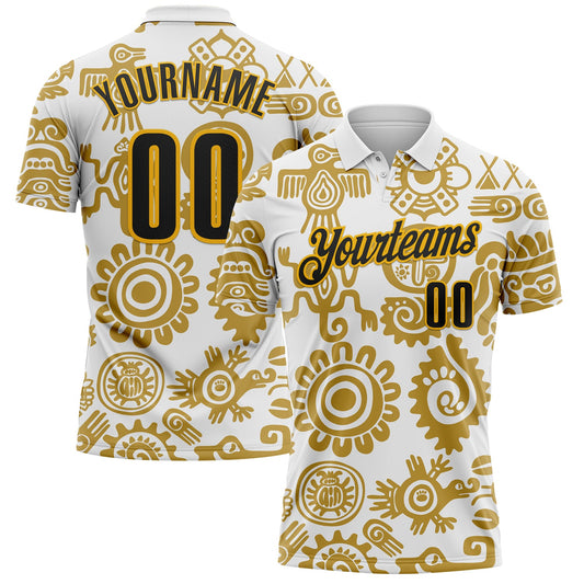 Custom White Black-Gold Mexican Aztec Mayan Tribal Performance Polo Shirt - Main View