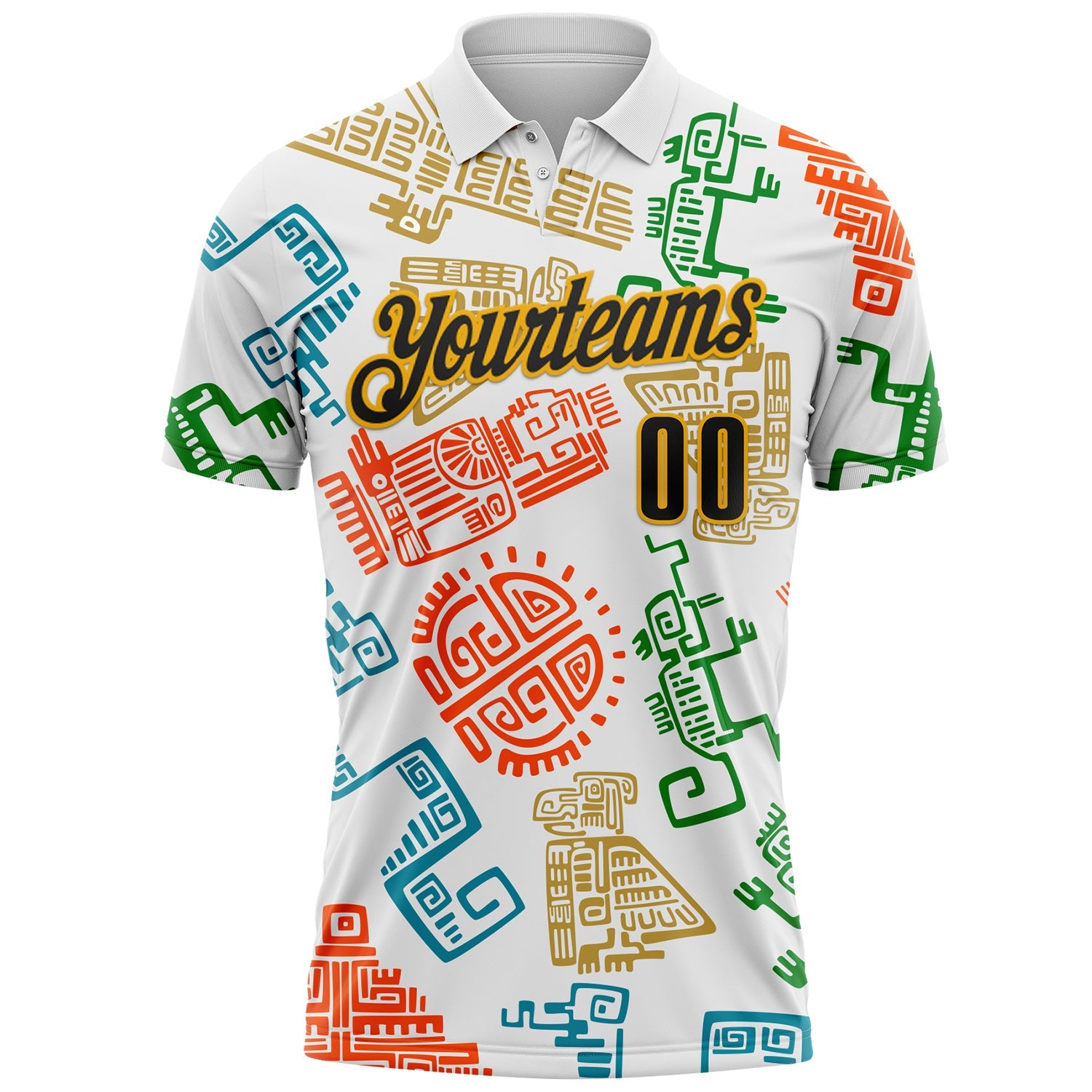 Custom White Black-Gold Mexican Aztec Mayan Tribal Performance Polo Shirt view 2