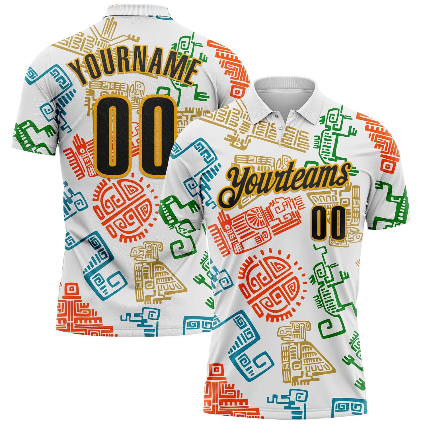 Custom White Black-Gold Mexican Aztec Mayan Tribal Performance Polo Shirt - Main View